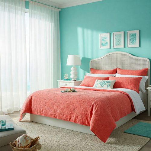 Dormitorio luminoso con cama hecha y ropa de cama color coral limpia